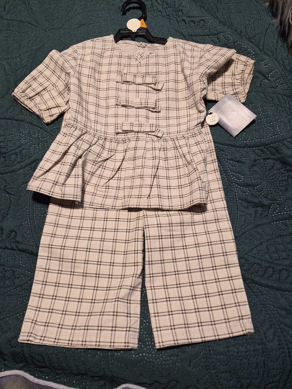 Girls Cream Plaid Pajama Set with Short Sleeve Top and Pants